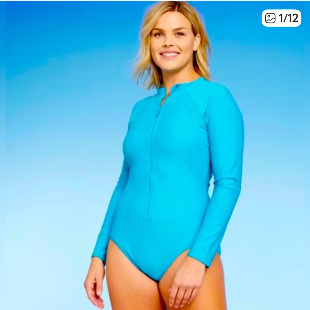 💙💙NWT Kona Sol Women's Aqua Long Sleeve Rashguard One Piece Swimsuit Size L💙💙